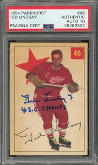 1954/55 Parkhurst #46 Ted Lindsay Signed and Inscribed Card – PSA/DNA GEM MT 10 